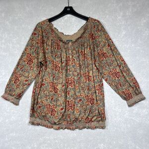 Lauren Ralph Lauren Blouse Womens Size X-Large Red/Tan Floral Long Sleeve Half